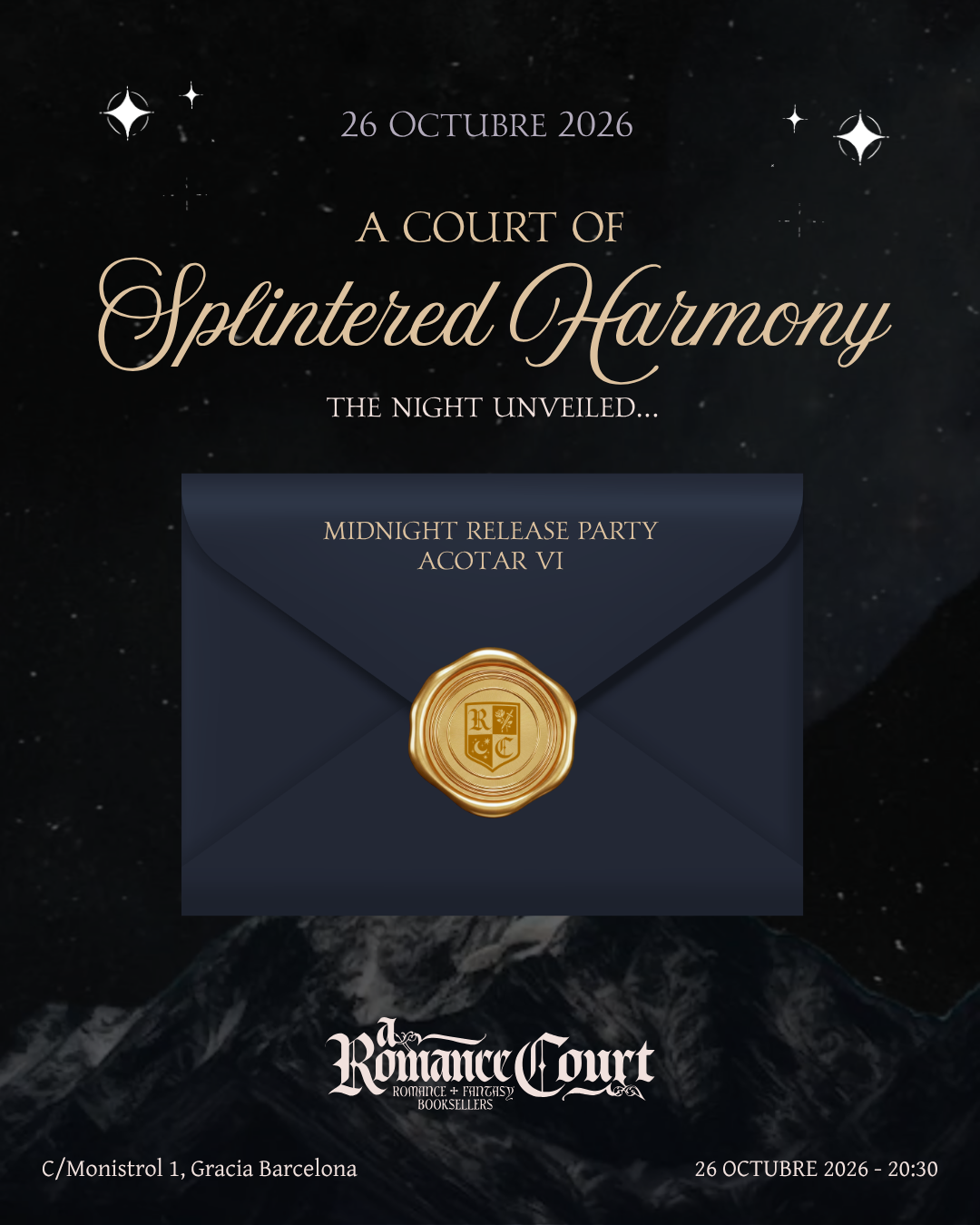 A Court of Splintered Harmony midnight release party invitation