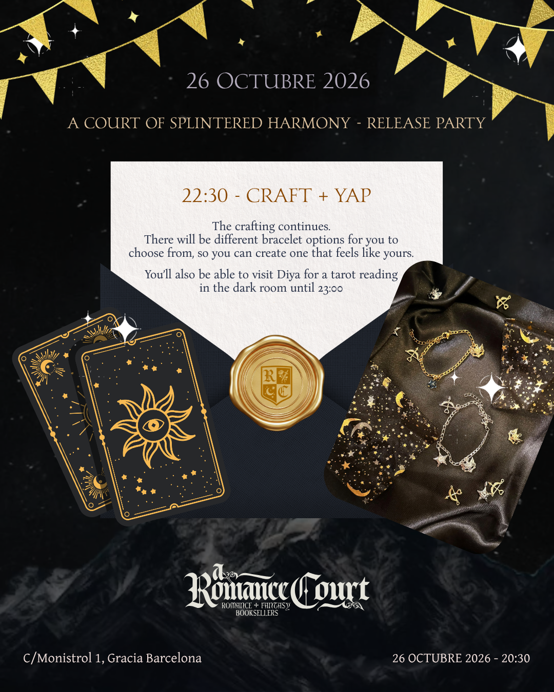 Tarot cards and themed bracelets for the release party